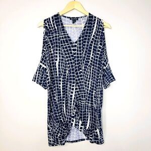 Marble 3/4 Sleeve NWOT Oversized Blue White Print Cold Shoulder Tunic Top